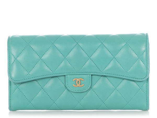 Chanel Large Teal Quilted Lambskin Gusset Wallet