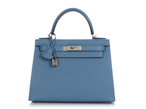 Hermes PHW Kelly 28 Handbag Shoulder Bag Epsom Leather Blue Brume Blue