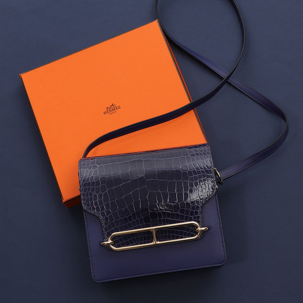 Hermès Mini Roulis 18 Touch Lizard Ombre Bleu Marine & Alligator