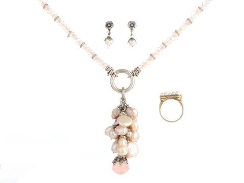 Alana Leigh Gold-Washed Rose Quartz and Pearl Necklace, Ring, and Earrings Set