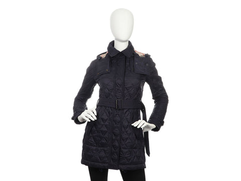 Burberry Navy Long Belted Quilted Coat