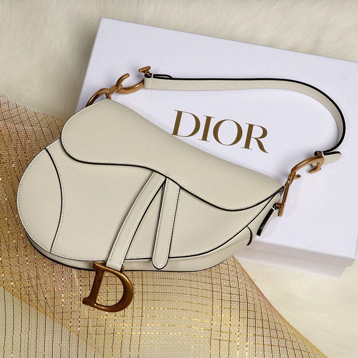 Christian Dior White Grained Calfskin Leather Saddle Bag