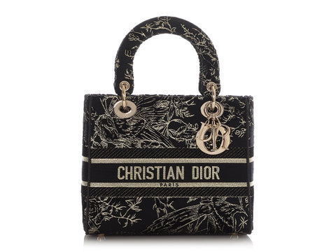 Dior Medium Black and Gold Toile de Jouy Embroidery Lady D-Lite Bag