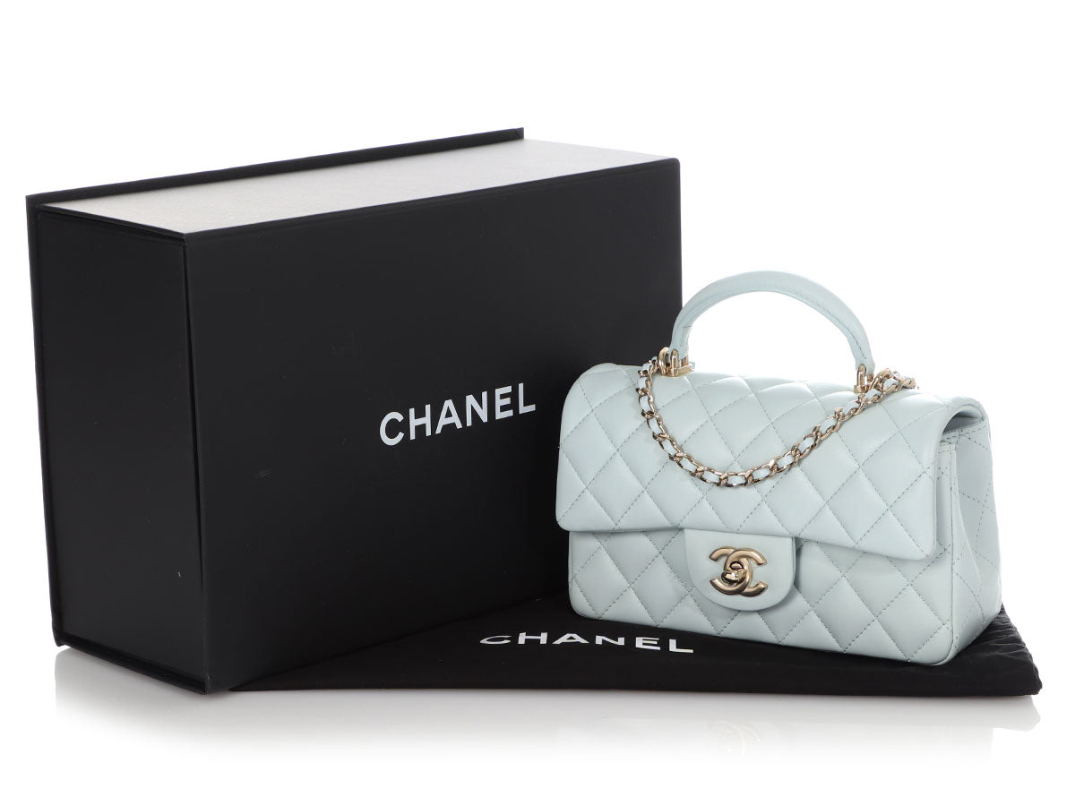 CHANEL 🖤 21K Light Blue Lambskin Mini Top Handle Bag with Light Gold  Hardware