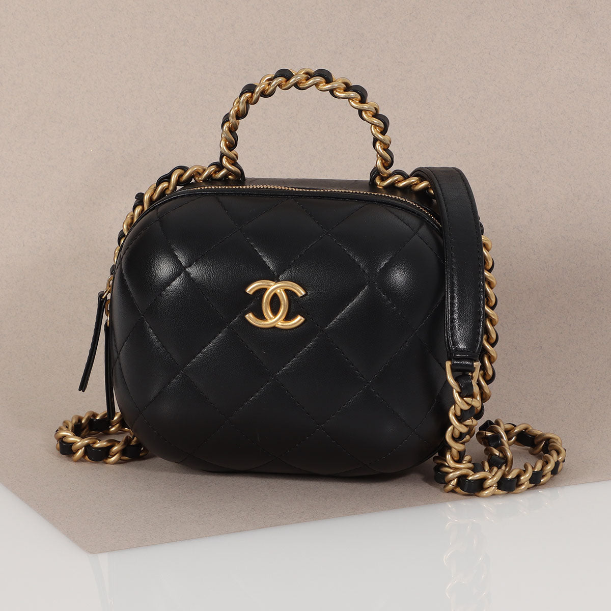 Chanel Vanity Case Black, Beige & White Rattan, Patent Calfskin & Silv