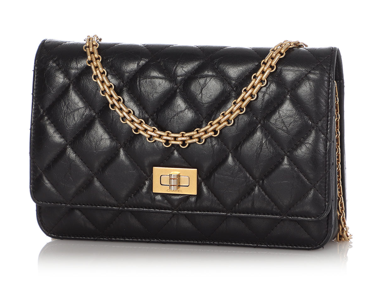 CHANEL BLACK AGED LEATHER REISSUE WALLET-ON-A-CHAIN WOC BAG
