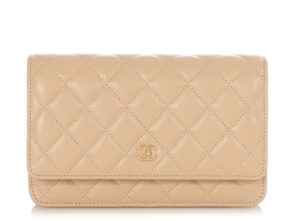 CHANEL Metallic Caviar Quilted Wallet on Chain WOC Beige 173578