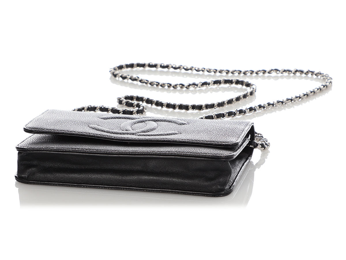 AUTHENTIC CHANEL Black Caviar Leather Timeless WOC Wallet On Chain Flap