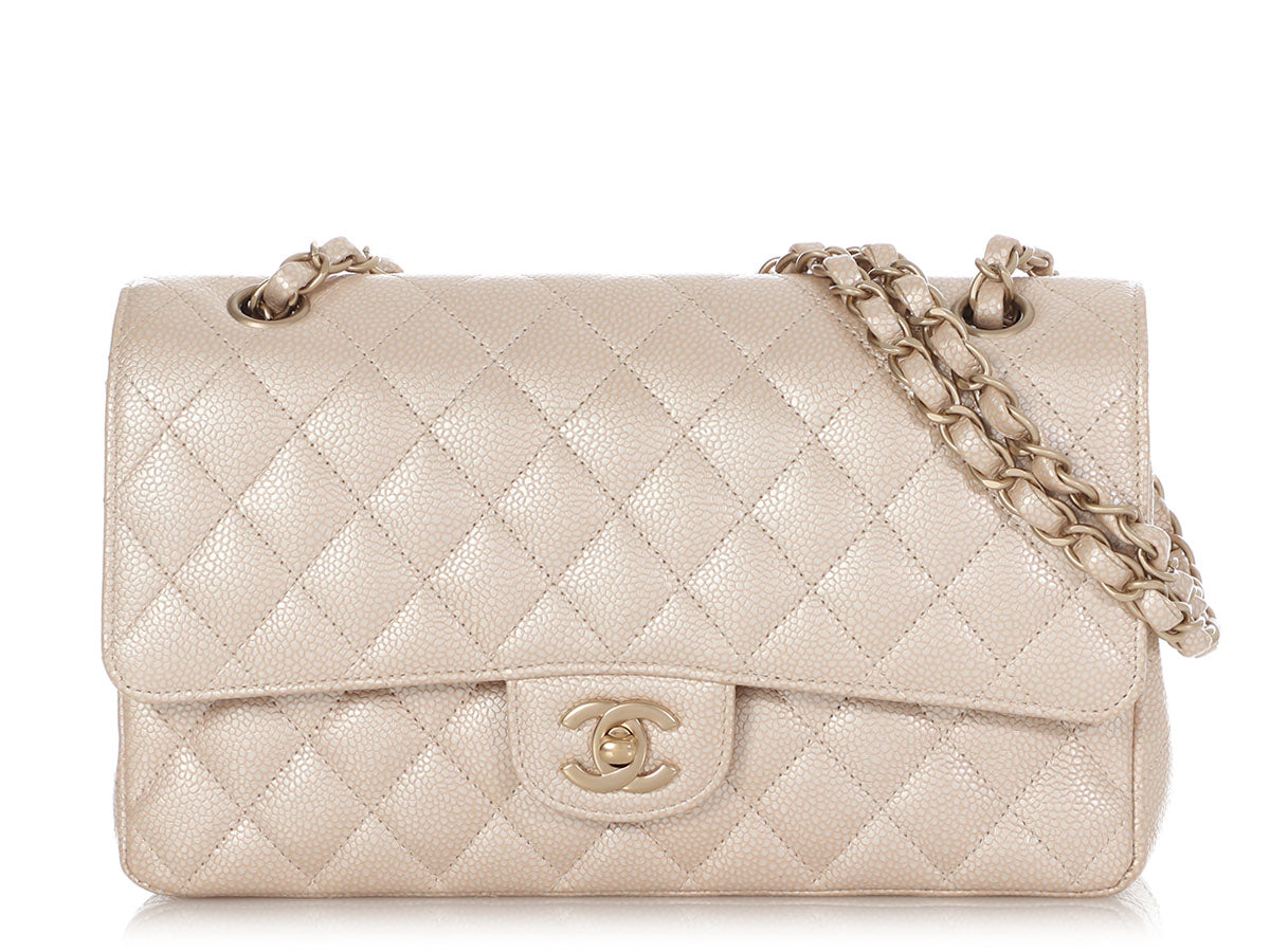 Chanel White Medium Classic Caviar Leather Double Flap Bag Chanel