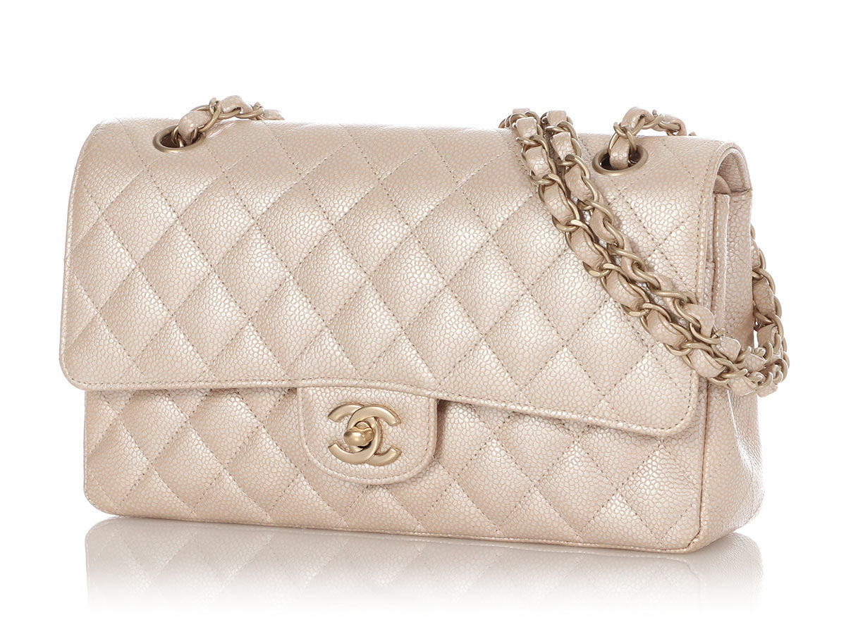 Chanel White Quilted Caviar Medium Classic Double Flap Gold