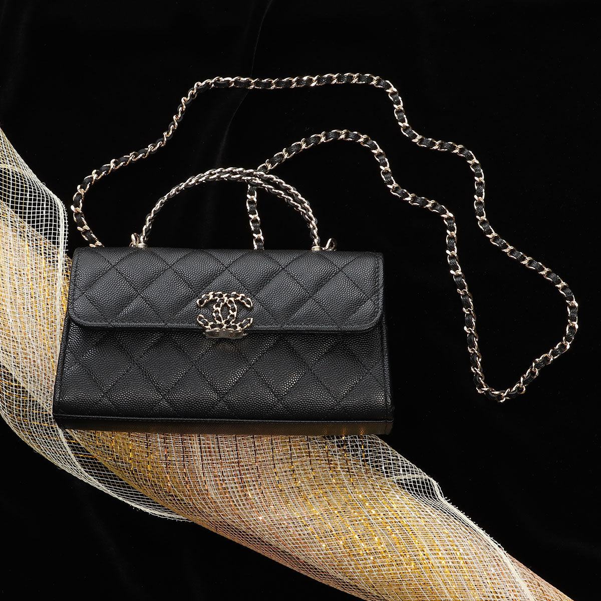 Chanel Black Quilted Caviar Business Affinity Clutch on Chain Gold Hardware, 2022 (Like New), Womens Handbag