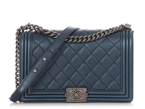 Chanel New Medium Blue Metallic Perforated Quilted Calfskin Boy Bag