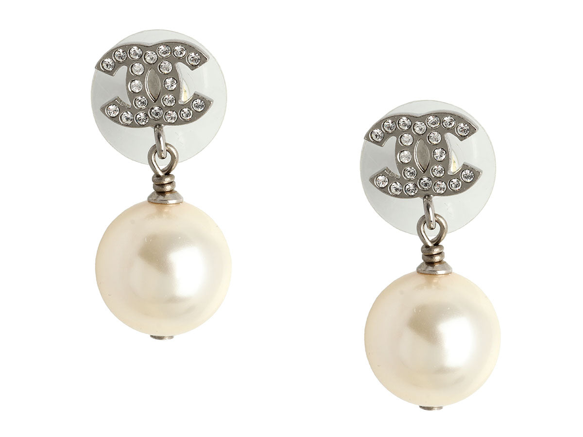 Chanel Pearl Crystal Logo Pierced Drop Earrings