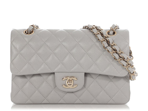 Chanel Small Light Gray Quilted Caviar Classic Double Flap