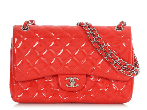 Chanel Jumbo Red Quilted Patent Classic Double Flap