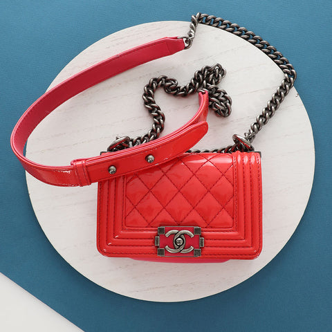 Chanel Mini Red-Pink Quilted Patent Plexiglass Boy Bag