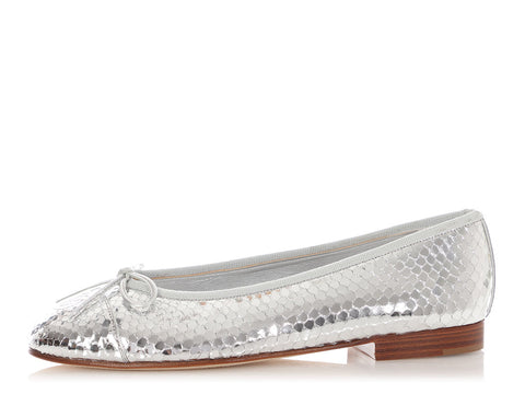 Chanel Silver Mirror Effect Python Ballet Flats