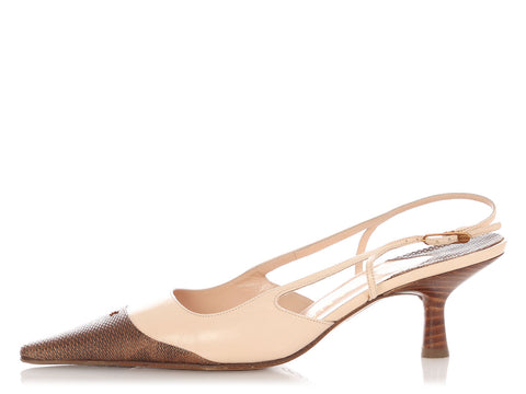 Chanel Light Pink Lizard Embossed Cap Toe Slingbacks