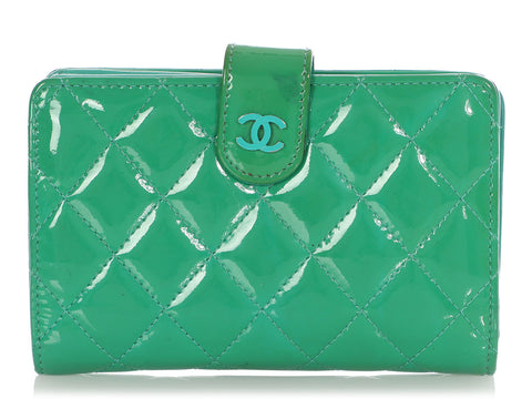 Chanel Green Quilted Patent L-Zip Pocket Wallet