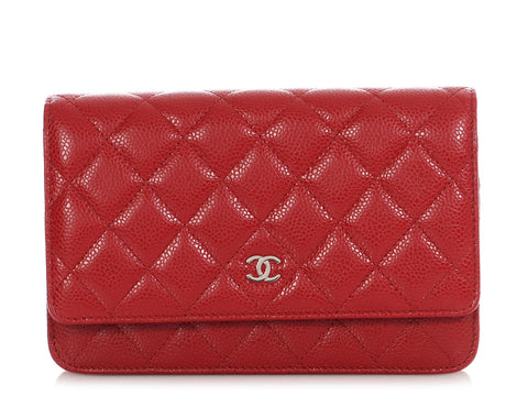 Chanel Red Quilted Caviar Wallet On Chain WOC