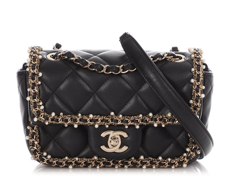 Chanel Mini Black Quilted Lambskin Pearl Edge Rectangular Flap