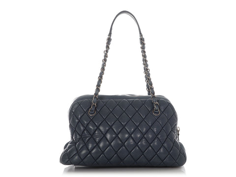 Chanel Dark Grey Blue Quilted Lambskin Bowler Bag