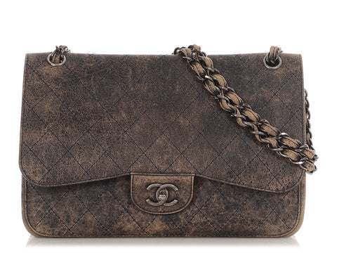 Chanel Jumbo Taupe and Navy Distressed Calfskin Paris-Cuba Classic Double Flap