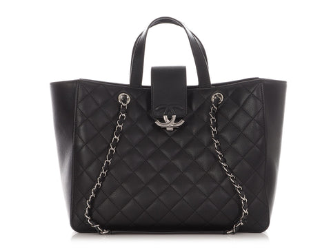 Chanel Large Black Part-Quilted Caviar CC Tote