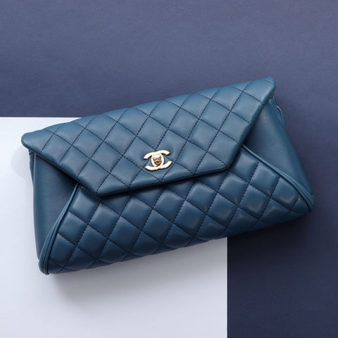 Chanel Blue Quilted Lambskin Fold Up Again Clutch