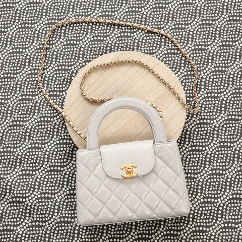 Chanel Small Light Gray Quilted Glazed Calfskin Nano Kelly