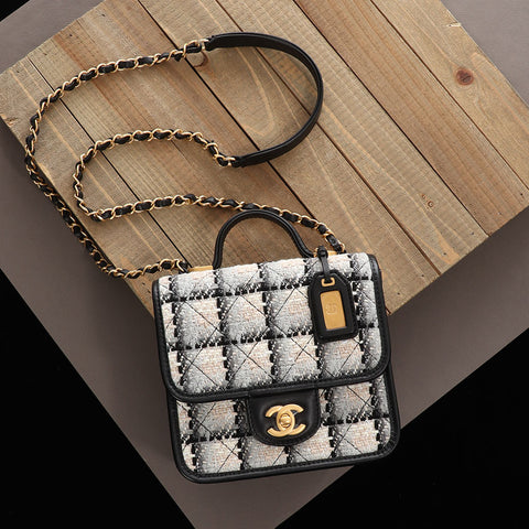 Chanel Mini Ecru and Gray Tweed School Memory Top Handle Flap