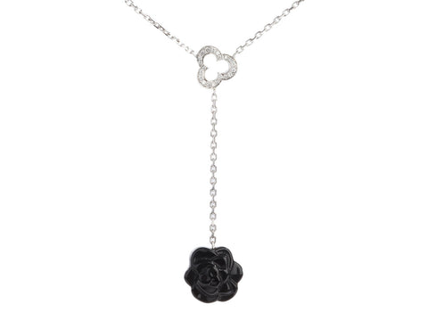 Chanel 18K White Gold Diamond and Black Onyx Camélia Sculpté Drop Necklace