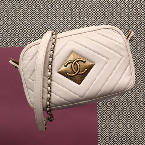 Chanel Beige Chevron-Quilted Calfskin Camera Bag