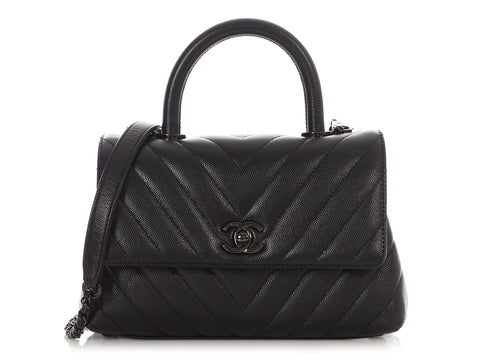 Chanel Mini So Black Chevron-Quilted Caviar Coco Handle