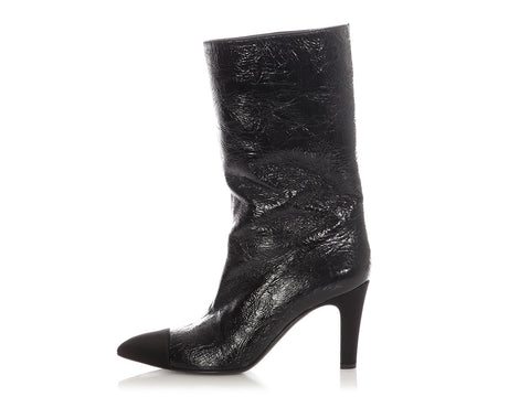 Chanel Black Crinkled Patent Gabrielle Cap Toe Boots