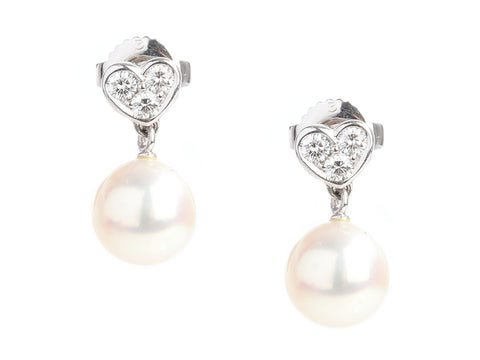 Mikimoto 18K White Gold Akoya Pearl and Diamond Heart Pierced Earrings