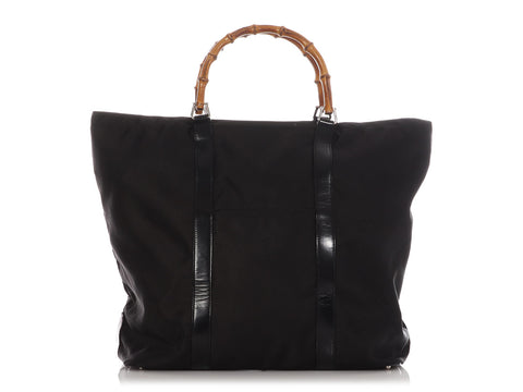 Gucci Black Leather-Trimmed Nylon Bamboo Handle Tote