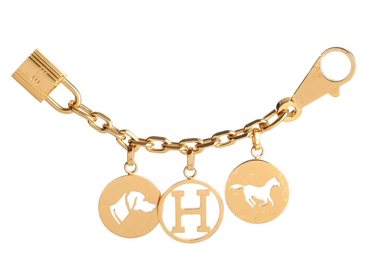 Authentic HERMES Gold Olga Breloque Bag Charm Horse Dog Cadena