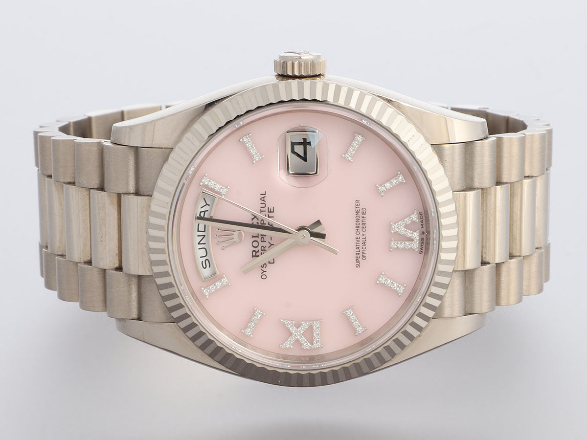 Rolex 18K White Gold Pink Opal and Diamond Dial Oyster Perpetual Day Date President Watch 36mm