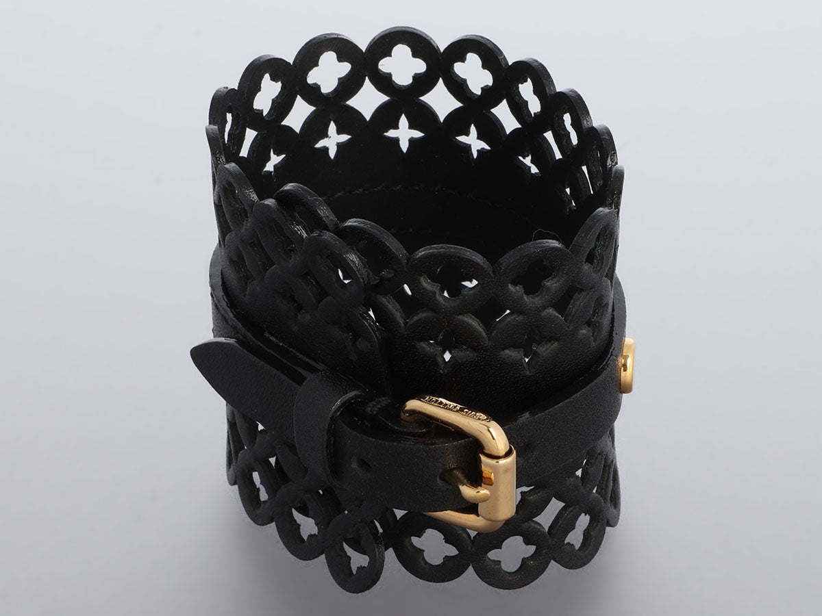 Louis Vuitton Silver Flower And Black Leather Bracelet #175216