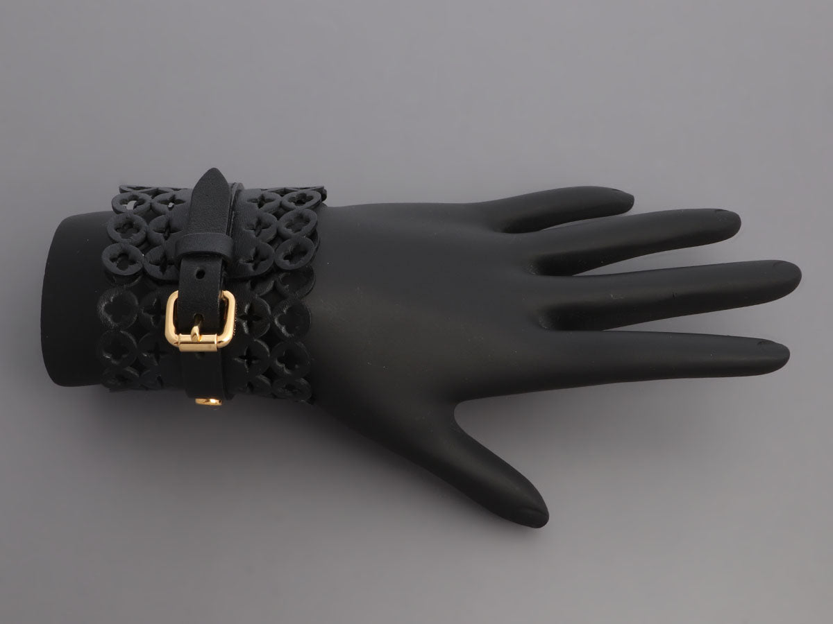 Louis Vuitton Silver Flower And Black Leather Bracelet #175216