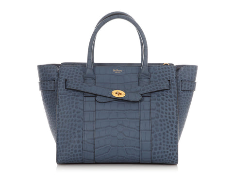 Mulberry Small Pale Navy Matte Crocodile Embossed Bayswater Zip Tote