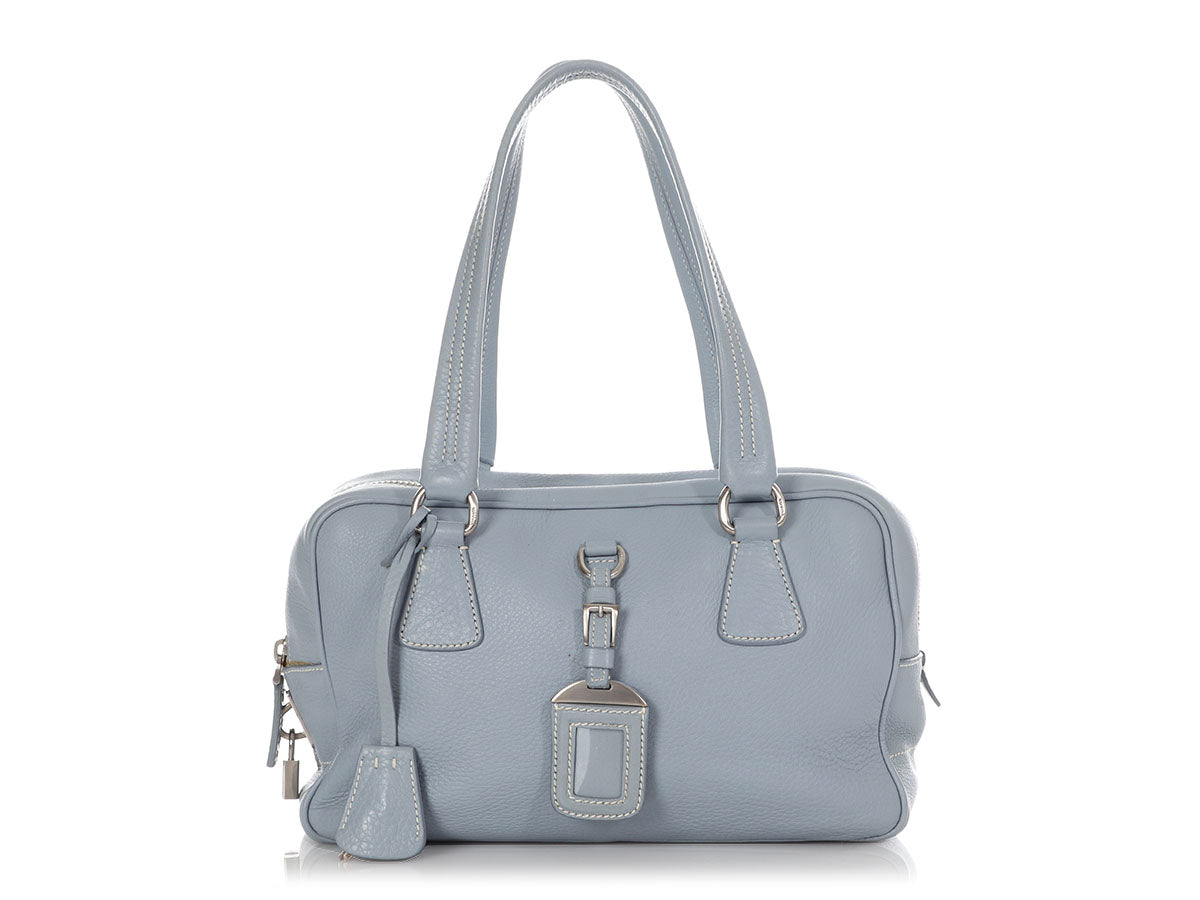 Prada Blue Printed Saffiano Lux Bauletto Bag