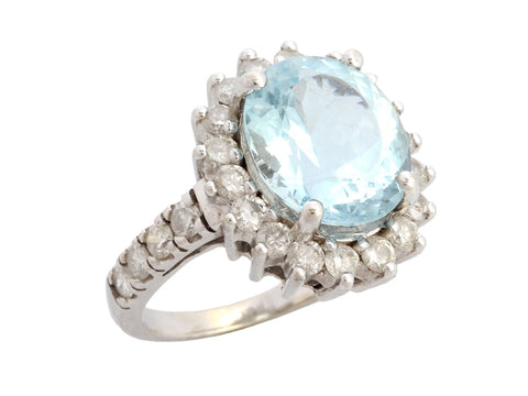 14K White Gold Aquamarine Diamond Ring