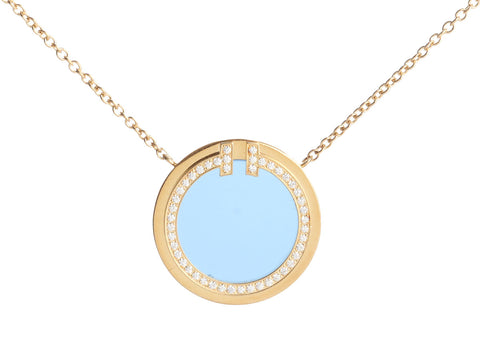 Tiffany & Co. 18K Yellow Gold Blue Agate and Diamond T Circle Pendant Necklace