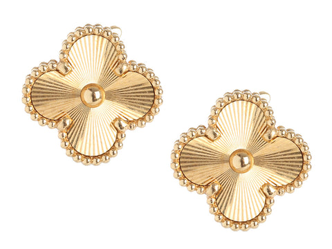 Van Cleef & Arpels 18K Yellow Gold Vintage Alhambra Guilloché Pierced Earrings