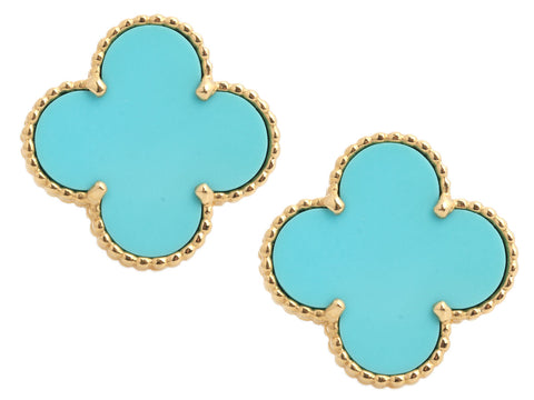 Van Cleef & Arpels 18K Yellow Gold Turquoise Magic Alhambra Pierced Earrings