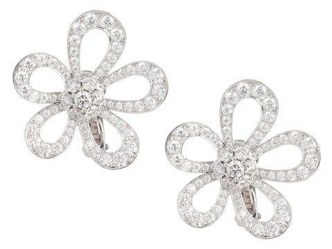 Van Cleef & Arpels 18K White Gold Diamond Flower Lace Pierced Earrings