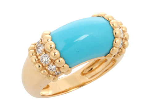 Van Cleef & Arpels 18K Yellow Gold Diamond and Turquoise Perlée Couleurs Ring