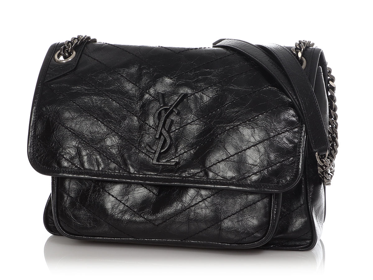 Saint Laurent YSL Medium Niki Crinkled Leather Shoulder Bag in Black NEW